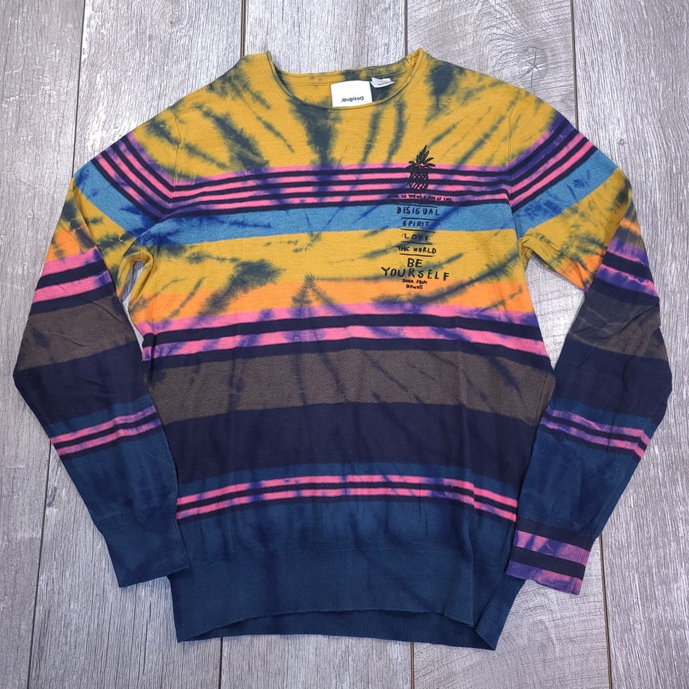 Desigual Sweater Men Size M Multi Color Tie Dye Striped Graphic Pineapple Cotton